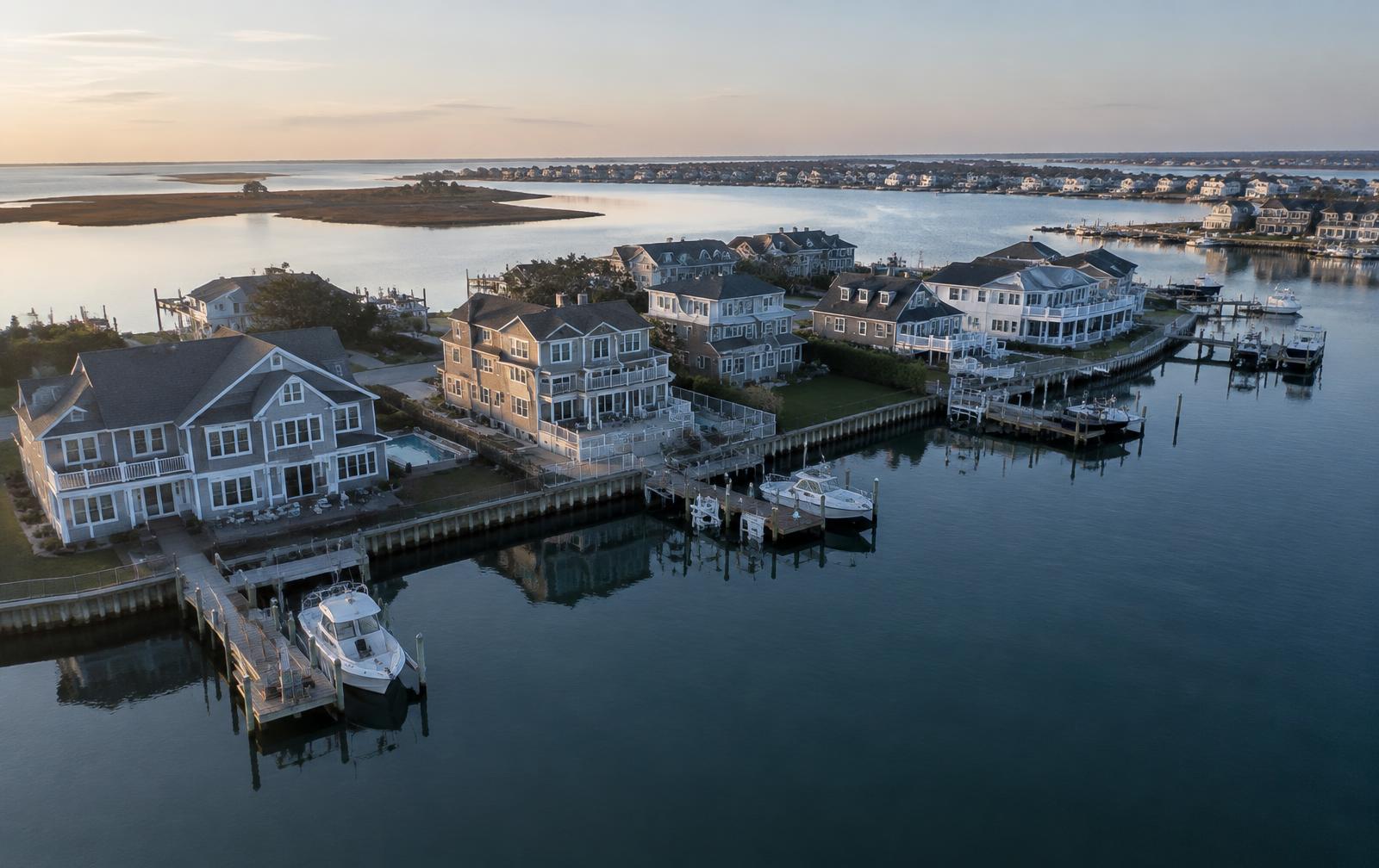 Aerial view of Ocean County lagoon homes with private boat docks